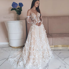 Wedding Dresses O Neck Movable Sleeves Illusion Appliques Sweep Train