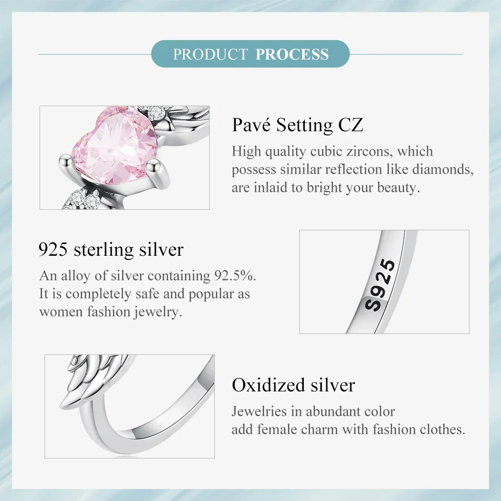 BAMOER 925 Sterling Silver Angel Wing Ring for Women Retro Feather Pink Heart Zircon Eternity Band Ring Anniversary Jewelry Gift