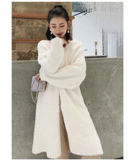 white Long Cardigan for women winter clothes Knitted fluffy long sleeve Cashmere