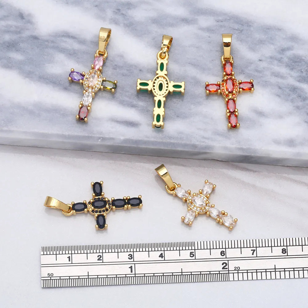 OCESRIO Big Rainbow Colorful Cross Pendants for Necklace Gold Plated  Copper Zircon Religious Jewelry Components pdta638