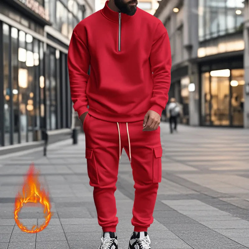 2024 autumn and winter men's casual velvet warm zipper sports trousers set