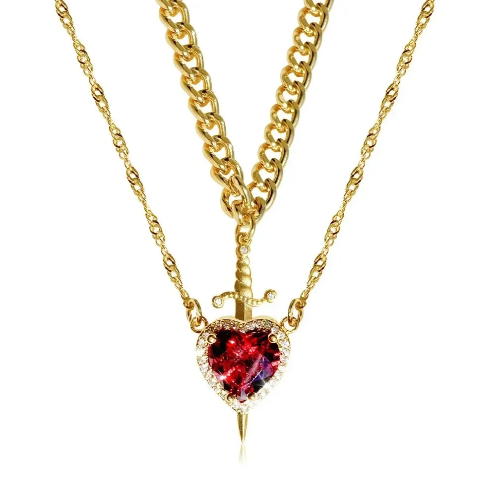 Couple Necklace Heart and Sword Pendant Necklace for Women Gothic Punk Romantic Valentine Day Jewelry Gifts Accessories