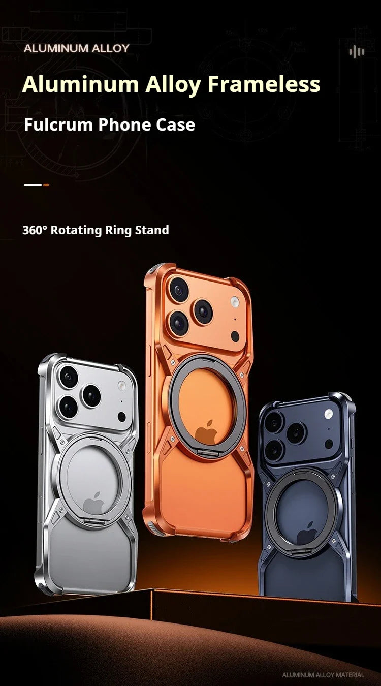 Metal Alloy Punk Frame Phone Case For iPhone 17 16 15 14 13 Pro Max 360 Rotating Bracket Magsafe Ring Magnet Stand Bumper Cover
