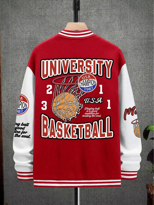 Summer Manfinity EMRG Oversized Men's Drop Shoulder Varsity Jacket with Letter Graphic Striped Trim and Colorblock Design