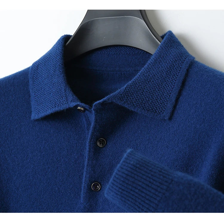 Merino Wool Hot Cardigans Men Lapel Pullover Long Sleeve POLO Neck Sweaters