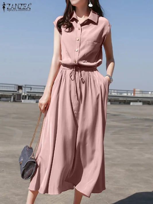 Evening wear Dresses: Office Work Dress Women Lapel Neck Sleeveless