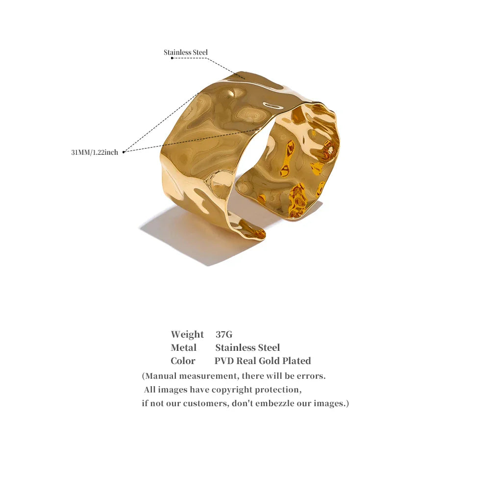 Yhpup Wide Large Stainless Steel Metal Cuff Open Bracelet Bangle 18K Gold PVD Plated Statement Waterproof Wrist Jewelry Bijoux