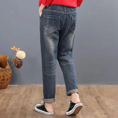 Embroidery Ankle-Length Baggy Jeans Elastic Capris Lace Up Harem Denim Pants