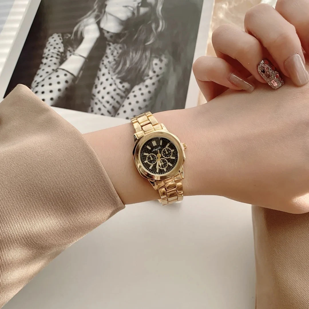 Women's Fashion Round Room Gold Steel Band Quartz Wristwatch Luxury Ladies Golden Watch for Women Clock Female Reloj