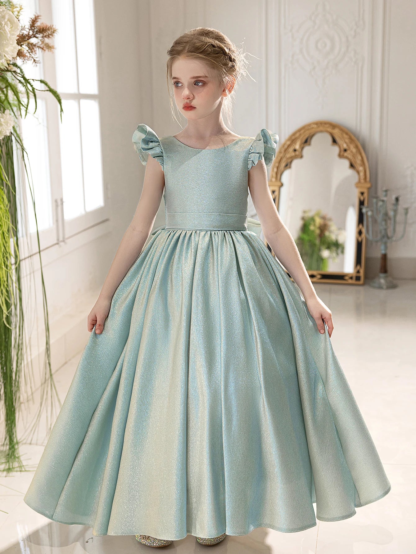 Children's High-end Blue Dress Back Big Bow Long Dress Weddings Birthday Party Gown