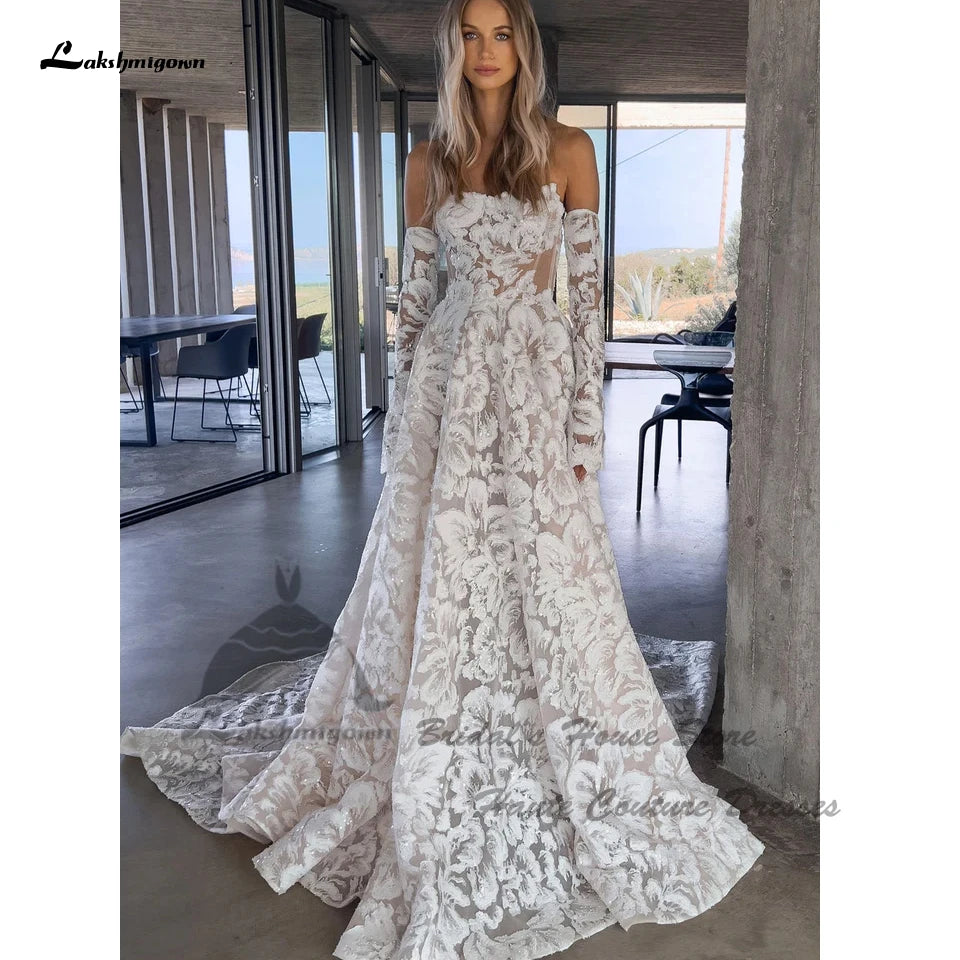 Evening wear Dresses: Lace Boho Wedding Dresses Detachable Long Sleeve