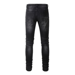 Men's Cracked Red Pleated Patch Biker Jeans Streetwear Patchwork Stretch Denim