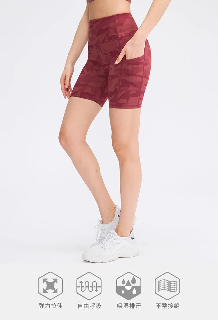 Women's printed nude yoga shorts with pockets skin-friendly tight stretch quick-drying sports fitness hiking running shorts
