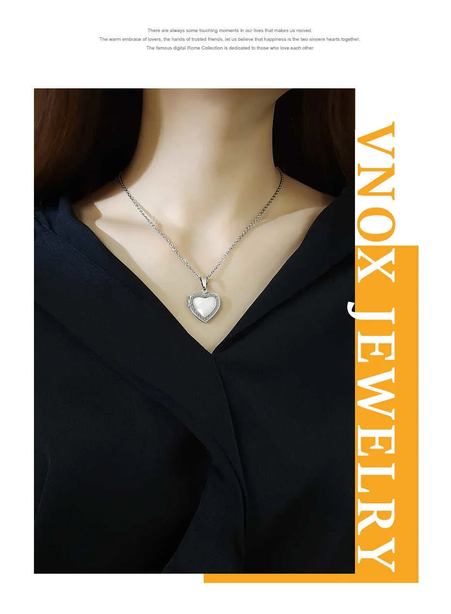 Vnox Light Heart Locket Pendants for Women Men Openable Photo Frame Glossy Stainless Steel Necklaces Family Love Collar