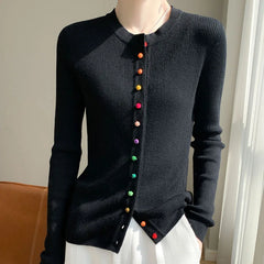 Women's 100% Merino Wool Sweater Round Collar Colorful Buckles Slim Fit Cardigan