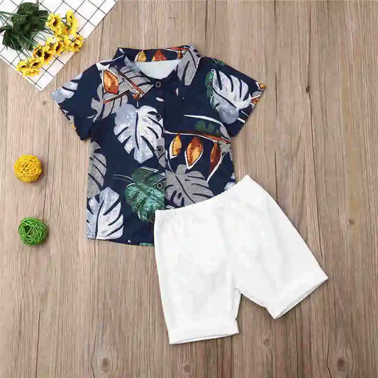 1-6years Toddler Boys Clothes Set Hawaii Print Shirt + Solid Color Short Pants Outfit For Infant Boys
