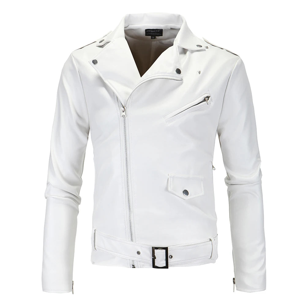 Mens Leather Jackets White Black Casual Lapel Slim Fit Diagonal Zipper