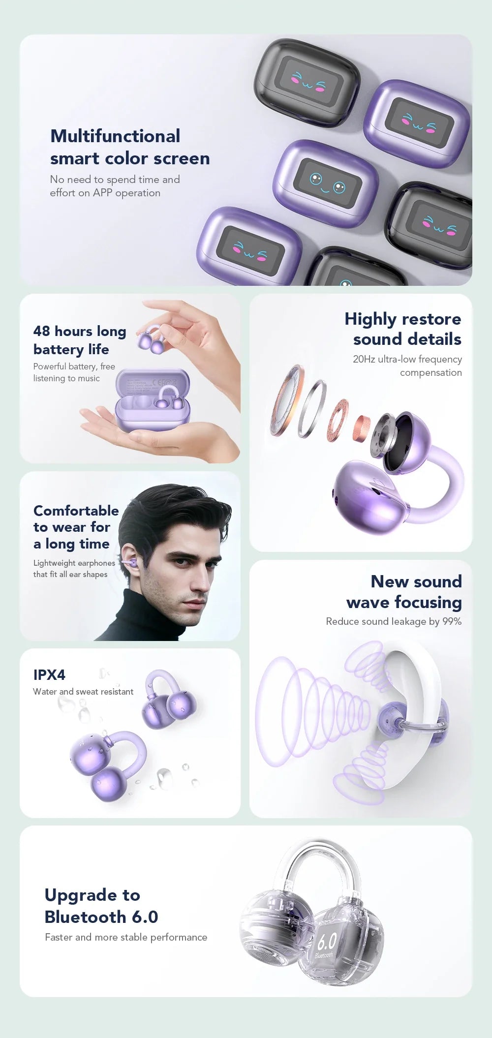 【HTC NE54】 Bluetooth V6.0 Earphones AI Translator LCD Screen Earbuds OWS Ear Clip Headphones Wireless Headphones Noise Reduction