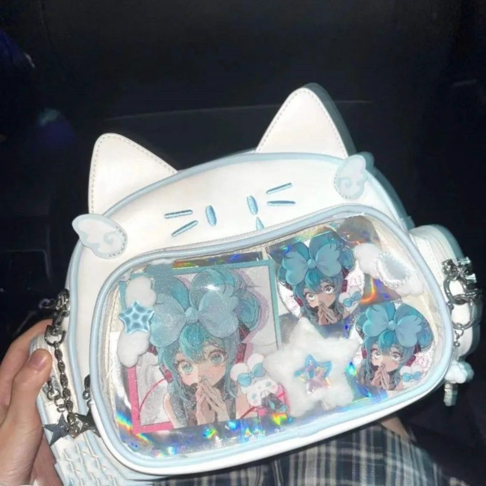 Y2K Korean Kawaii Cat Lolita Bag Cute PU Shoulder Bag Girls Transparent Pocket Harajuku Crossbody Bag Women's Fashion Backpacks