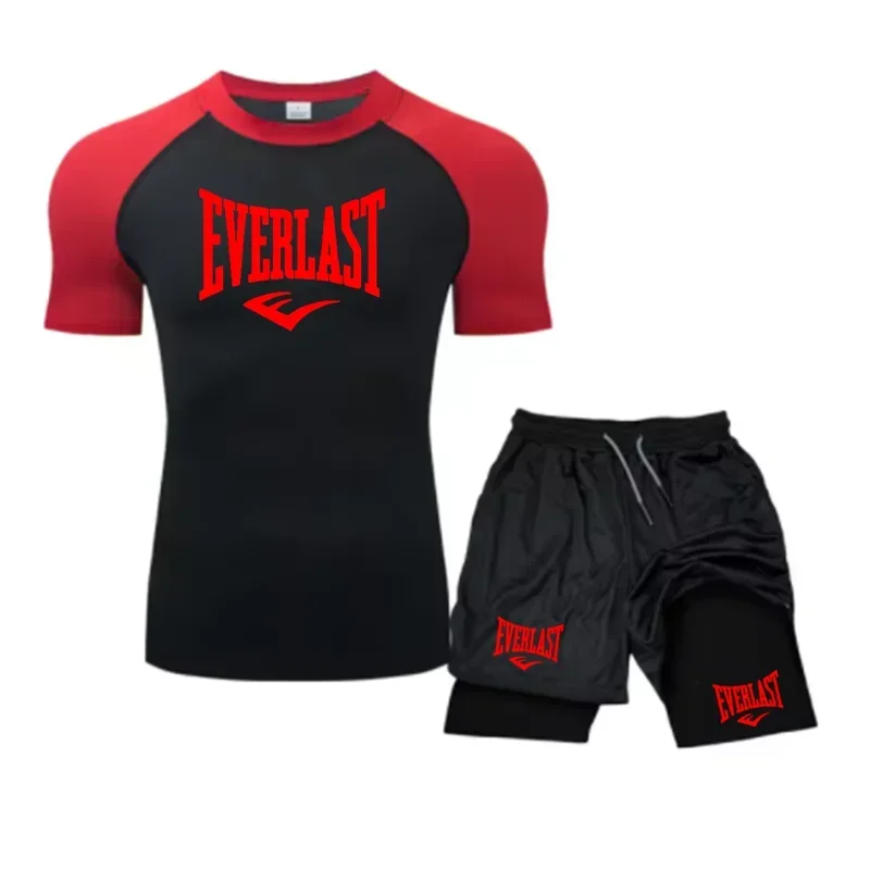 EVERLAST Men's Compress Shirt + 2-in-1 sports shorts 2pcs Set Leisure Breath Short Sleeve Sport Jogging Gym Brand Print Clothing