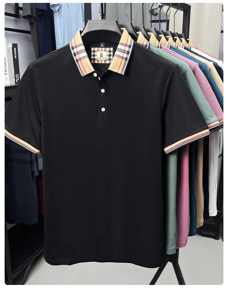 High end silky cotton breathable short sleeve polo shirt men's summer new trend plaid lapel designer brand casual golf T-shirt
