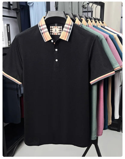 High end silky cotton breathable short sleeve polo shirt men's summer new trend plaid lapel designer brand casual golf T-shirt