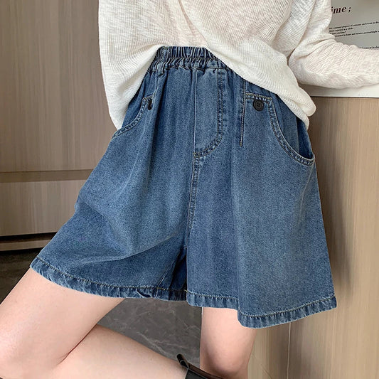 New 2024 Summer Plus Size Denim Shorts For Women High Elastic Wasit Wide Leg Loose Blue Jean Short Women Streetwear Half Jeans