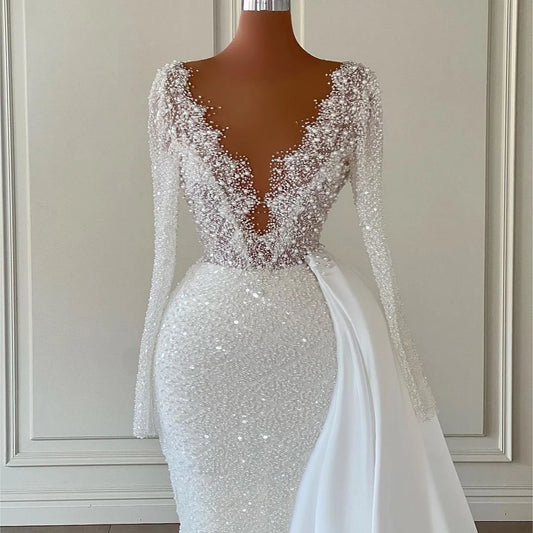 Wedding Dresses Boho Sequins Glitter Bride Dress V-Neck Long Sleeve