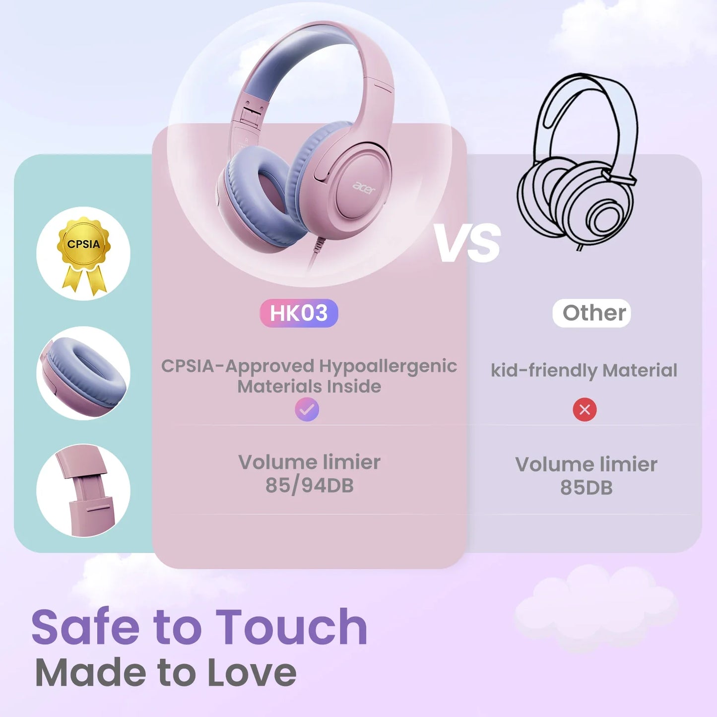 Acer HK03 Kids Wired Headphones for School 85/94dB Volume Limiter 3.5mm Jack Foldable Stereo Sound Headset for Girls Boy Gifts