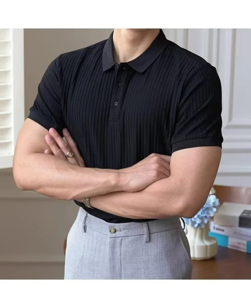 Vertical Stripe Knit Polo Men's Shirts Summer New Slim Solid Color Breathable Turn-Down Collar Business Short Sleeve Polo Tops