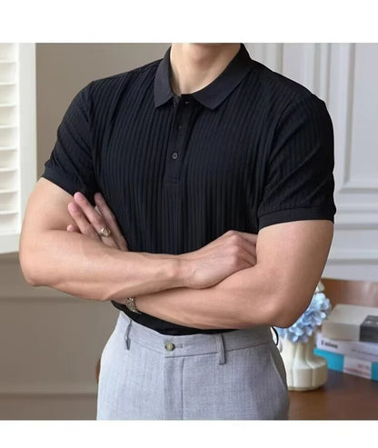 Vertical Stripe Knit Polo Men's Shirts Summer New Slim Solid Color Breathable Turn-Down Collar Business Short Sleeve Polo Tops