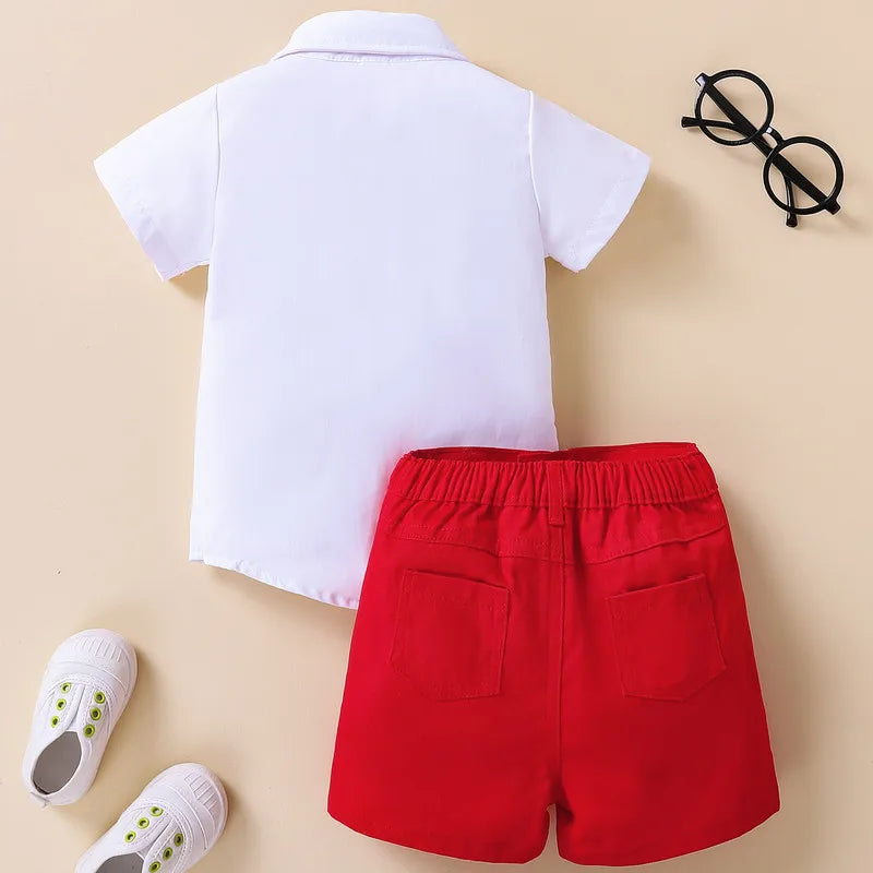 2 Pieces Kids Suit Set, Summer Contrast Color Lapel Short Sleeve Shirt with Necktie+ Short Pants for Boys, 1-8 Years