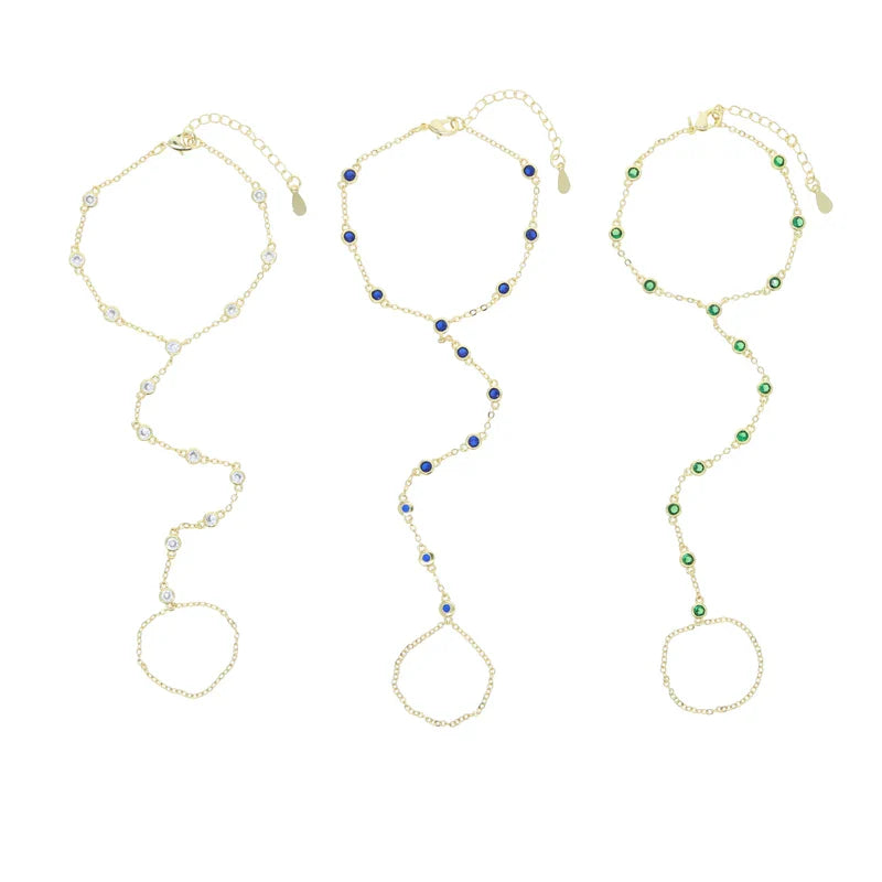 2023 Summer Jewelry Pendant Link Chain Ring Bracelet for Women White Green Blue Stone CZ Gold Plated Adjust Bracelet Accessories
