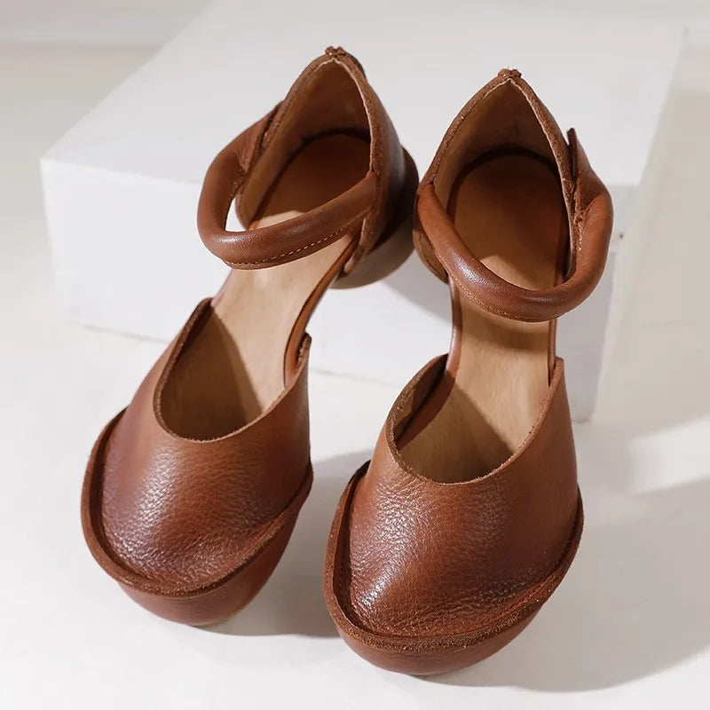 Johnature Genuine Leather Retro Women Sandals 2023 Summer New Round Toe Handmade Soft Sole Med Heel Comfortable Lady Shoes