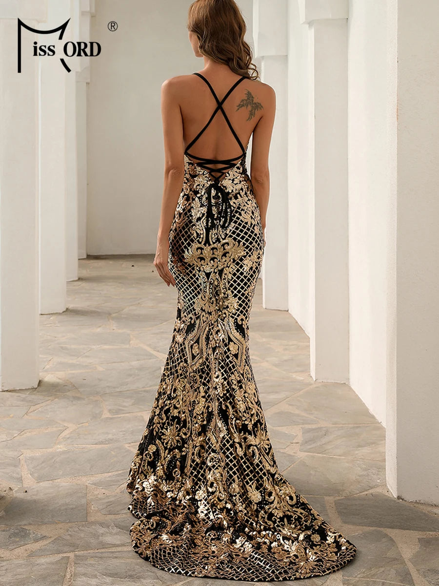 Evening Dresses: Maxi Evening Dress Elegant Women Spaghetti Strap V Neck Side