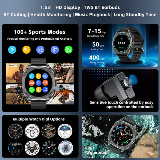 2025 New 2 in 1 Smart Watch With Earbuds Smartwatch 400MAH TWS Bluetooth Earphone Heart Rate Blood Oxygen Monitor Sports Watch