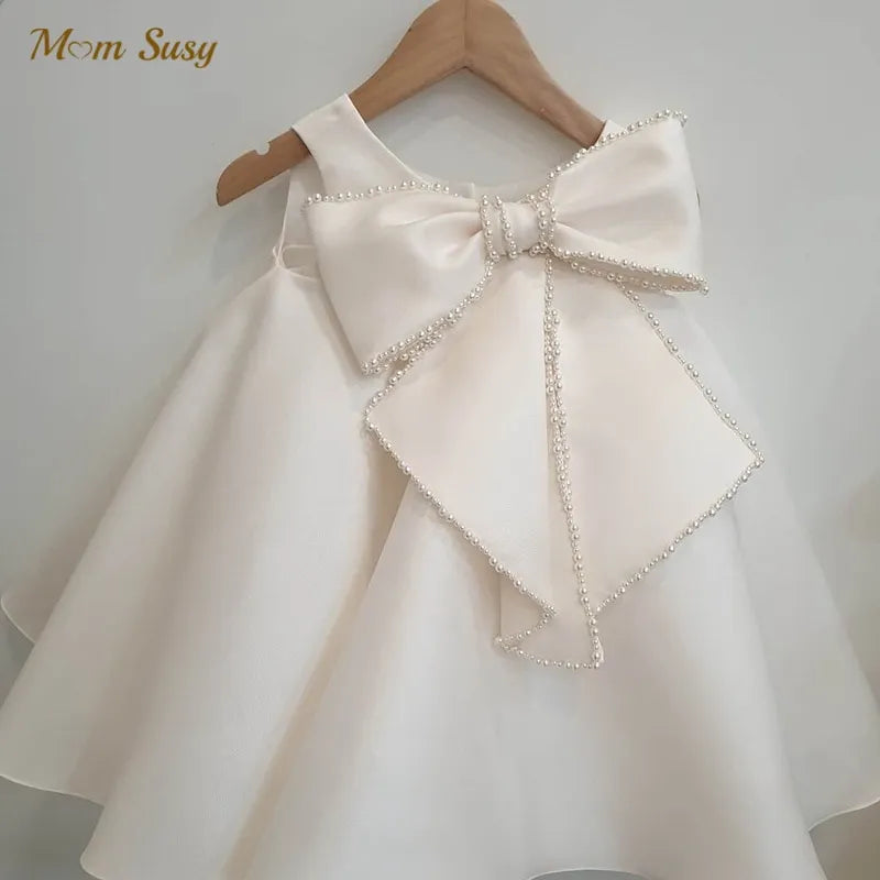 Baby Girl Princess Pearl Bow Silk Dress Sleeveless Infant Toddler Vintage Vestido Party