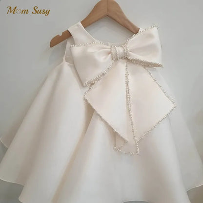 Baby Girl Princess Pearl Bow Silk Dress Sleeveless Infant Toddler Vintage Vestido Party