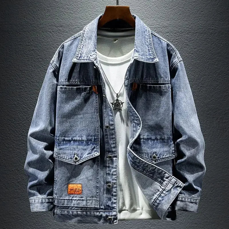 Denim Jackets Man Cargo Button Jeans Coat for Men Gray One Piece Cowboy Washed Clothing