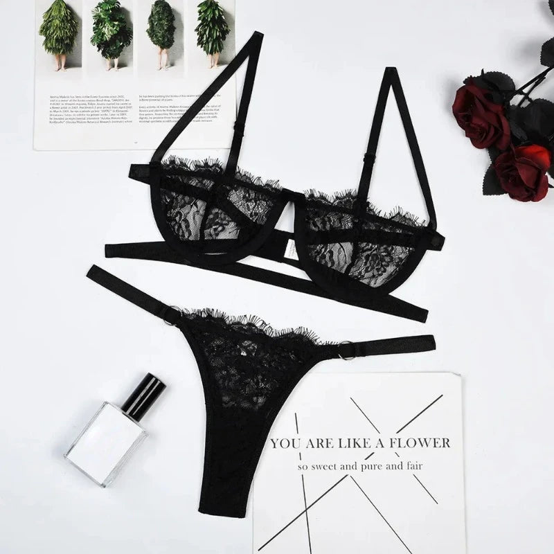 Lingerie Woman Lace Transparent Underwear Fairy Embroidery Brief Sets