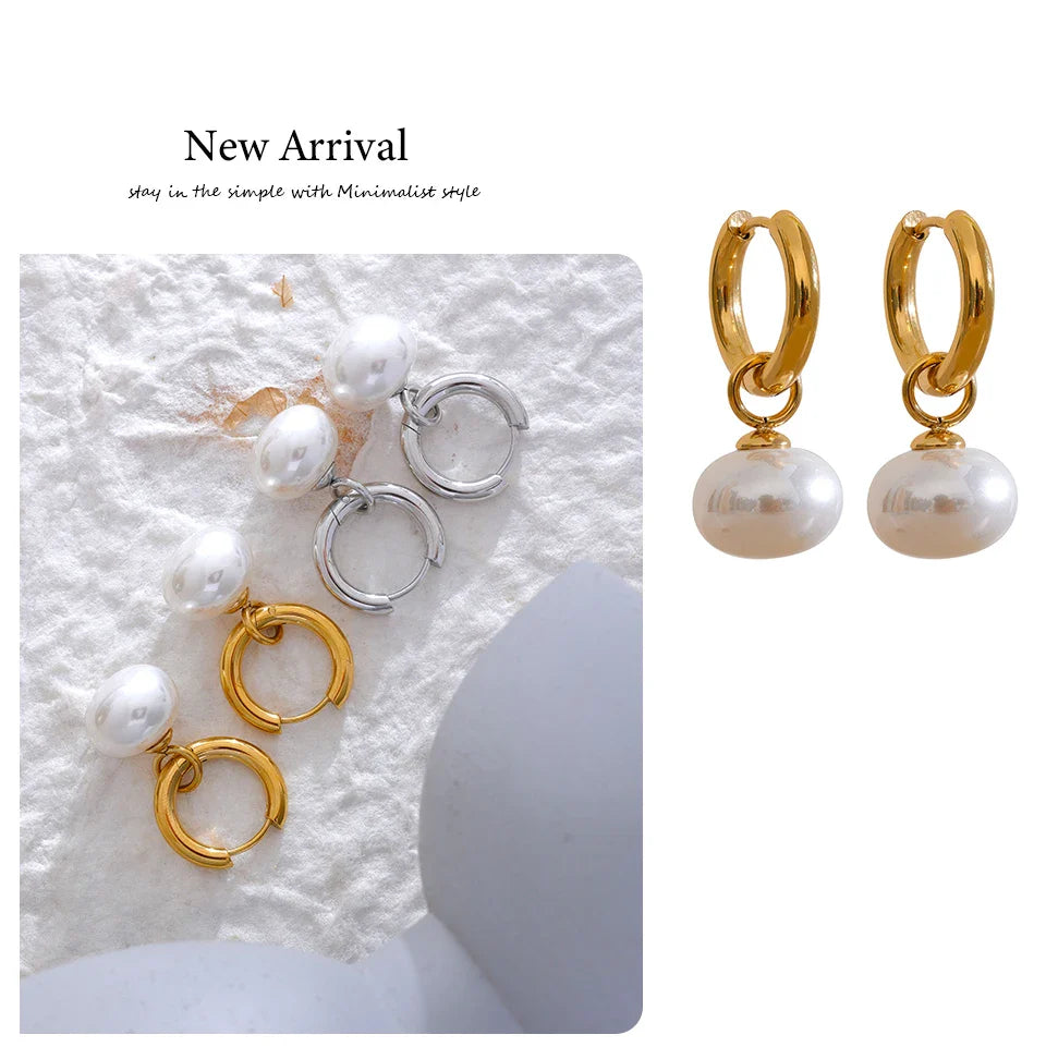 Yhpup High Quality Imitation Pearls Drop Stainless Steel Golden Korean Hoop Earrings Charms Fashion Jewelry Bijoux Femme Gift