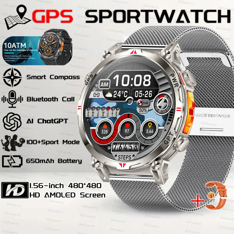 2025New Military GPS Sport Smartwatch Men 650mAh AMOLED Screen Compass Altimeter 10ATM Waterproof Heart Rate Wireless Call Clock