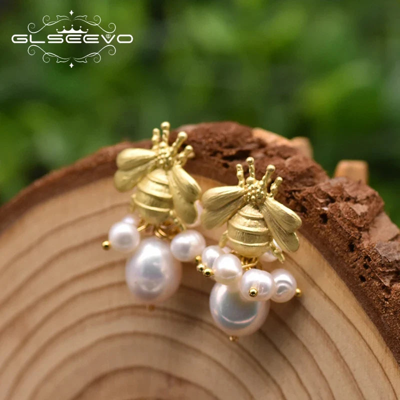 Bee And  With Natural Pearls Pearl Earrings 18K Gold Plated Jewelry Korean Designer Jewelry Earrings Gifts For Girlfriend