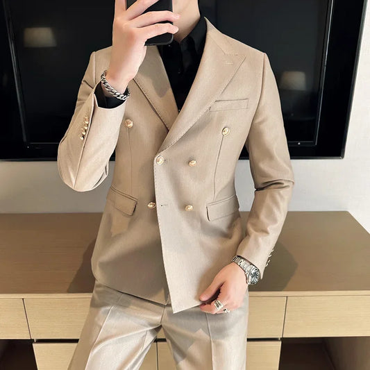 Men Boutique Double Row Metal Buckle Solid Color Business Wedding Suit Dress Blazer Jacket Coat Pants 2 Pcs Set