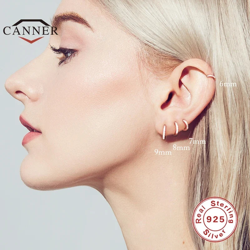 CANNER 6/7/8/9mm Real 925 Sterling Silver Zircon Hoop Earrings for Women Huggie Earring Piercing Earings Jewelry Pendientes