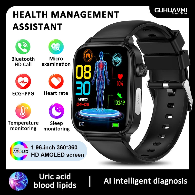 2026 New Blood lipids Uric Acid testing Smart Watch Men ECG+PPG Blood Pressure blood oxygen Bluetooth Call Health smartwatch iOS