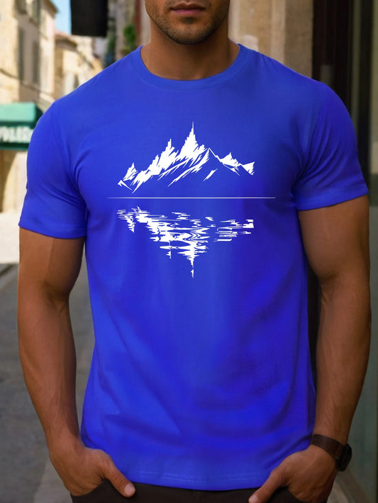 Men's summer 100 pure cotton fashionable casual loose fit plus mountain reflection printed round neck short sleeved T-shirt top