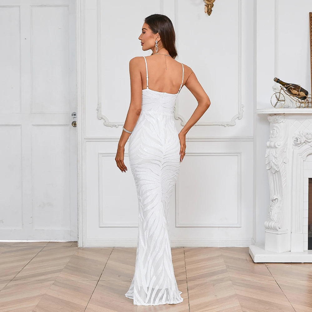 Evening wear Dresses: Women White Sequin Party Maxi Dress Strap Long Evening Dress