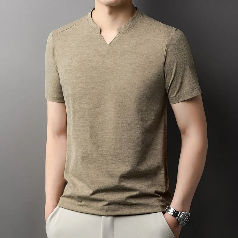 Korean Men's Casual and Fashionable Small V-neck Solid Color Short Sleeved T-shirt Comfortable Summer Versatile Top