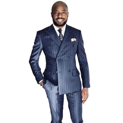 Stripe Suits for Men Elegant Full Set Blazer Blue Costume Homme Double Breasted Elegant Wedding Male Clothing 2 Pcs Jacket Pants